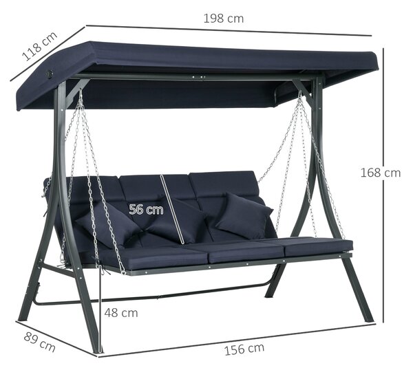 Outsunny 3-místná hollywoodská houpačka, houpačka s nastavitelnou sluneční clonu, zahradní houpačka s polštáři, nosnost až 270 kg, kovová, textilní, t
