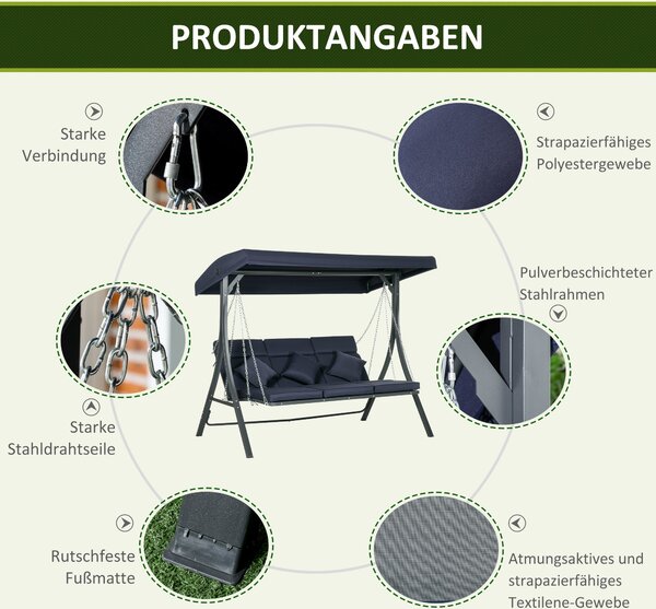 Outsunny 3-místná hollywoodská houpačka, houpačka s nastavitelnou sluneční clonu, zahradní houpačka s polštáři, nosnost až 270 kg, kovová, textilní, t