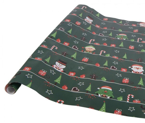Vánoční balicí papír zelený se sněhulákem a Santa Clausem – 3 role 50x75 cm