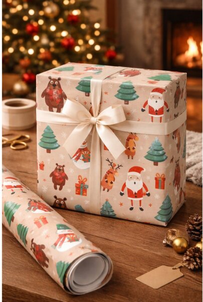 Vánoční balicí papír s méďou, sobem a Santa Clausem – 3 role 50x75 cm