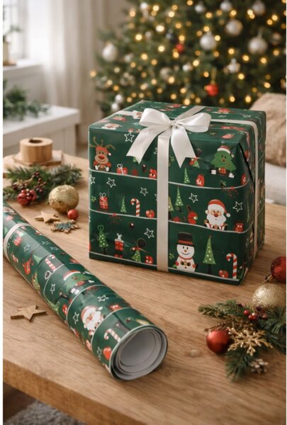 Vánoční balicí papír zelený se sněhulákem a Santa Clausem – 3 role 50x75 cm