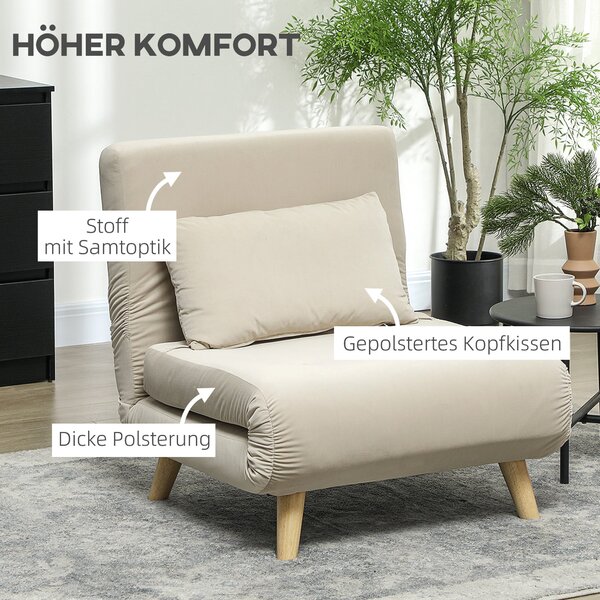 HOMCOM 3 v 1 Rozkládací Křeslo, Sofabed s Funkcí Postele, Polštář na Bedra, Sklopné Křeslo s Nastavitelným Opěradlem, Chaise Lounge v Sametovém Vzhled