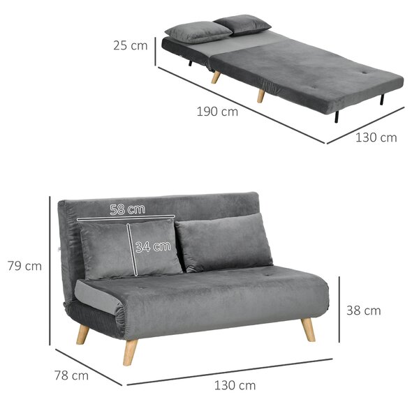 HOMCOM 3 v 1 rozkládací gauč 130 x 78 cm, pohovka s funkcí postele, skládací pohovka s bederními polštáři, sametový vzhled, nastavitelné opěradlo pro