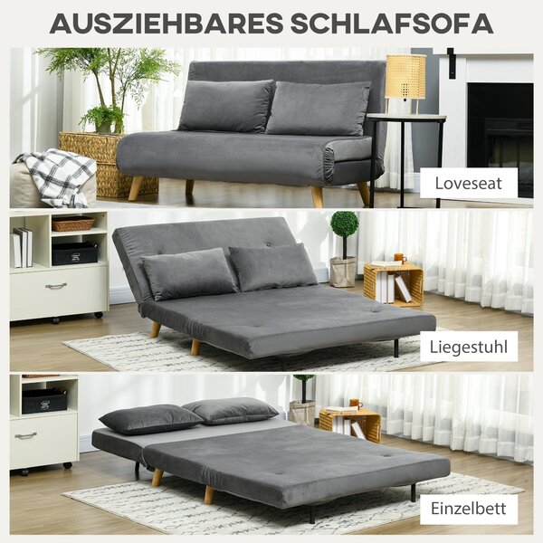 HOMCOM 3 v 1 rozkládací gauč 130 x 78 cm, pohovka s funkcí postele, skládací pohovka s bederními polštáři, sametový vzhled, nastavitelné opěradlo pro