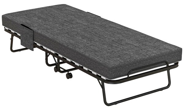 Skládací postel pro hosty HOMCOM s kolečky, matrace 10 cm, potah, cestovní postel s postranní kapsou Tmavě šedá 190 x 80 x 42 cm | Aosom