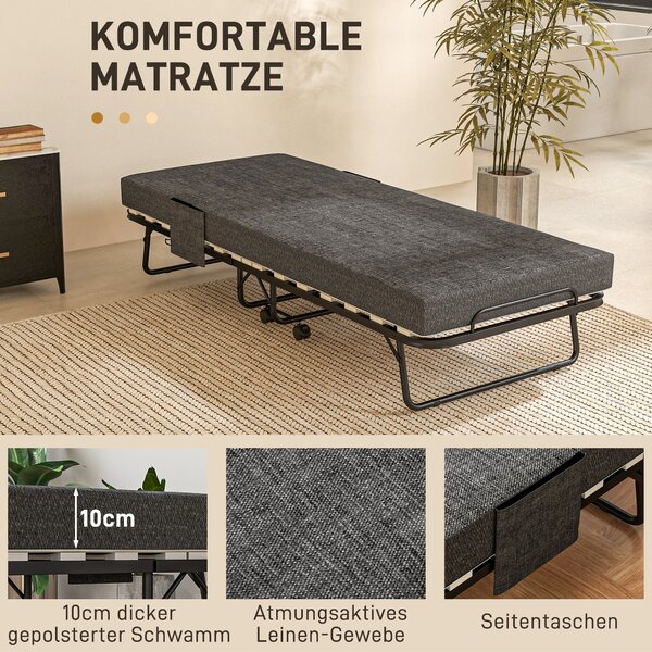 Skládací postel pro hosty HOMCOM s kolečky, matrace 10 cm, potah, cestovní postel s postranní kapsou Tmavě šedá 190 x 80 x 42 cm | Aosom