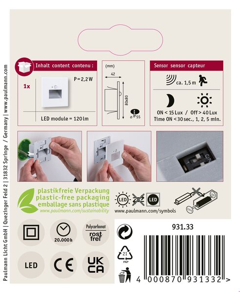 Paulmann 93133 Edge Quadro, svítidlo do stěny se senzorem, 1x1,2W LED 2700K, matná bílá, 8x8cm