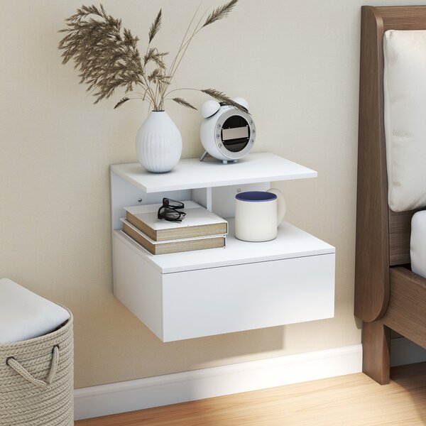HOMCOM Floating Noční Stolek s Úložným Prostorem a Zásuvkou, Bílý, 39.8 x 35 x 31.6 cm | Aosom