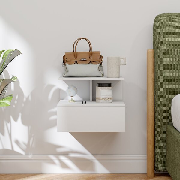 HOMCOM Floating Noční Stolek s Úložným Prostorem a Zásuvkou, Bílý, 39.8 x 35 x 31.6 cm | Aosom