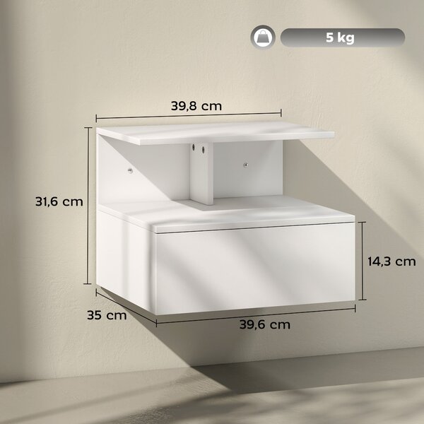 HOMCOM Floating Noční Stolek s Úložným Prostorem a Zásuvkou, Bílý, 39.8 x 35 x 31.6 cm | Aosom