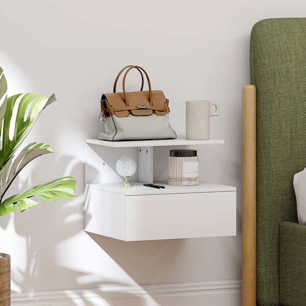 HOMCOM Floating Noční Stolek s Úložným Prostorem a Zásuvkou, Bílý, 39.8 x 35 x 31.6 cm | Aosom