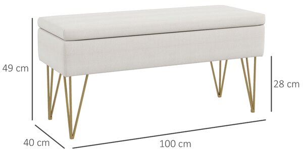 HOMCOM Úložná lavice, čalouněná lavice, vzhled lnu, postelová lavice se železnými nohami, do ložnice, obývacího pokoje, chodby, 100 x 40 x 49 cm, krém