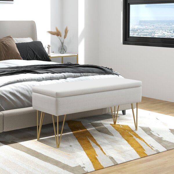 HOMCOM Úložná lavice, čalouněná lavice, vzhled lnu, postelová lavice se železnými nohami, do ložnice, obývacího pokoje, chodby, 100 x 40 x 49 cm, krém