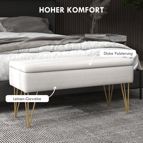 HOMCOM Úložná lavice, čalouněná lavice, vzhled lnu, postelová lavice se železnými nohami, do ložnice, obývacího pokoje, chodby, 100 x 40 x 49 cm, krém