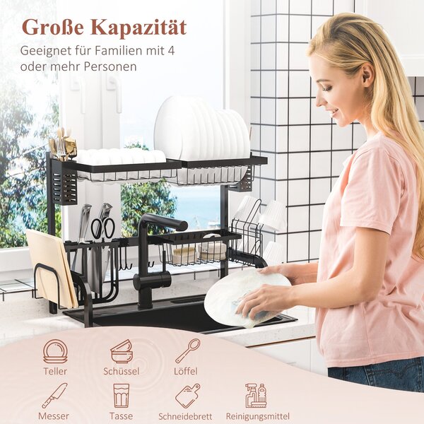 HOMCOM Sušák na nádobí, dvoupatrový sušák s háčky, držák na talíře, příslušenství, sušák na nádobí 81,5 cm pro dřez, ocel, černý | Aosom