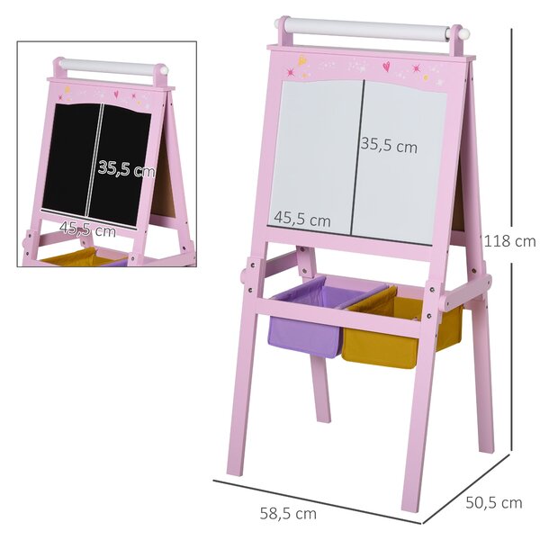 HOMCOM Dětská tabule Dětský easel Psací deska 3-v-1 Design Hračková deska se 2 odnímatelnými úložnými koši magentickými pro děti od 3 let MDF netkaná