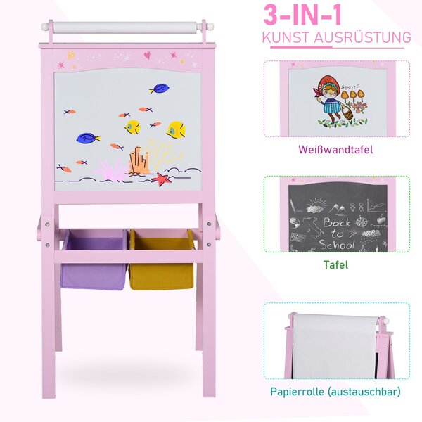 HOMCOM Dětská tabule Dětský easel Psací deska 3-v-1 Design Hračková deska se 2 odnímatelnými úložnými koši magentickými pro děti od 3 let MDF netkaná