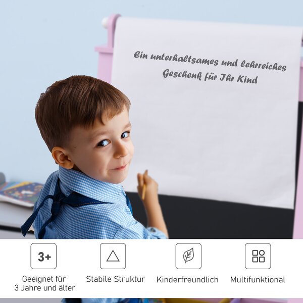 HOMCOM Dětská tabule Dětský easel Psací deska 3-v-1 Design Hračková deska se 2 odnímatelnými úložnými koši magentickými pro děti od 3 let MDF netkaná