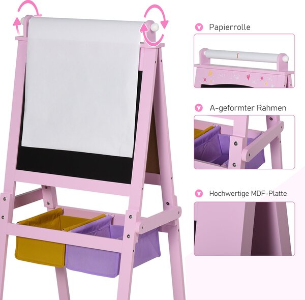 HOMCOM Dětská tabule Dětský easel Psací deska 3-v-1 Design Hračková deska se 2 odnímatelnými úložnými koši magentickými pro děti od 3 let MDF netkaná