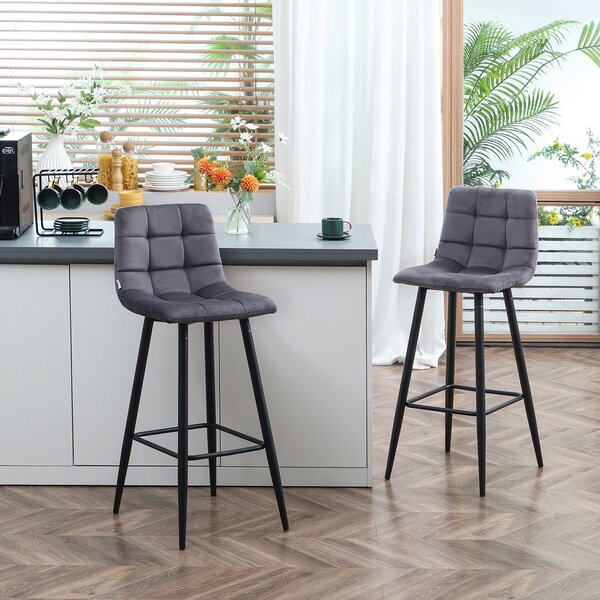 HOMCOM Set 2 Barových Židlí, Bistro Židle s Opěrkou Na Nohy, Barové Židle, Sametový Potah, Kuchyňské Židle, Sada Pultových Židlí se Železnými Nohami d