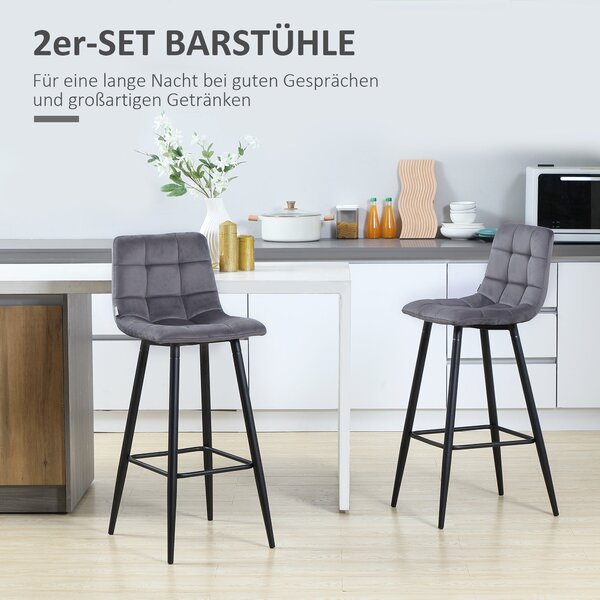 HOMCOM Set 2 Barových Židlí, Bistro Židle s Opěrkou Na Nohy, Barové Židle, Sametový Potah, Kuchyňské Židle, Sada Pultových Židlí se Železnými Nohami d