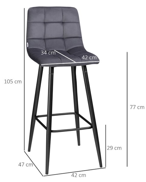 HOMCOM Set 2 Barových Židlí, Bistro Židle s Opěrkou Na Nohy, Barové Židle, Sametový Potah, Kuchyňské Židle, Sada Pultových Židlí se Železnými Nohami d