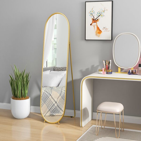 HOMCOM Zrcadlo celé postavy, 160 x 40 cm nástěnné zrcadlo s podstavcem, kovový rám, oválné stojací zrcadlo do obývacího pokoje a ložnice, zlaté | Aoso