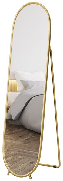 HOMCOM Zrcadlo celé postavy, 160 x 40 cm nástěnné zrcadlo s podstavcem, kovový rám, oválné stojací zrcadlo do obývacího pokoje a ložnice, zlaté | Aoso