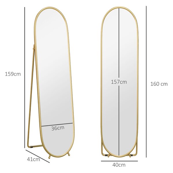 HOMCOM Zrcadlo celé postavy, 160 x 40 cm nástěnné zrcadlo s podstavcem, kovový rám, oválné stojací zrcadlo do obývacího pokoje a ložnice, zlaté | Aoso