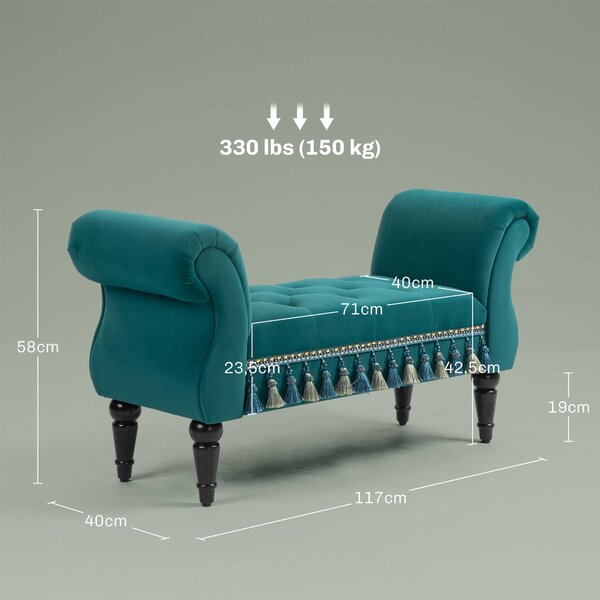HOMCOM Čalouněná lavička, sametový vzhled, luxusní lavička s dřevěnými nohami, chodbičková lavička do ložnice, nosnost až 150 kg, zelená, 117 x 40 x 5