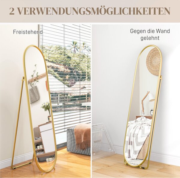 HOMCOM Zrcadlo celé postavy, 160 x 40 cm nástěnné zrcadlo s podstavcem, kovový rám, oválné stojací zrcadlo do obývacího pokoje a ložnice, zlaté | Aoso