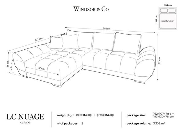 Béžová rozkládací rohová pohovka se sametovým potahem Windsor & Co Sofas Nuage, levý roh