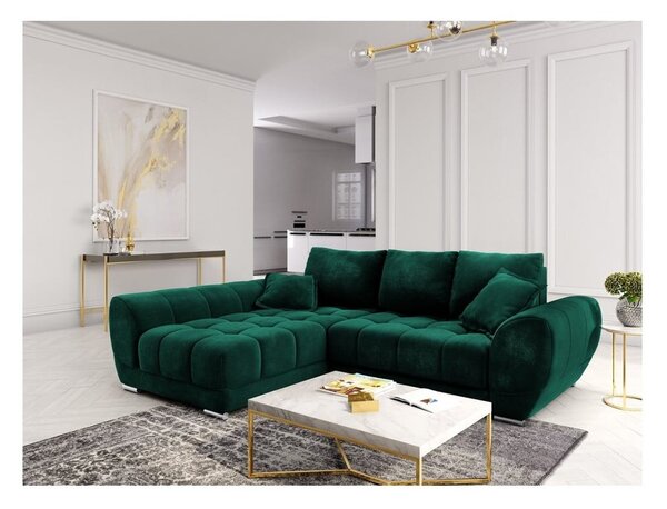 Lahvově zelená rozkládací rohová pohovka se sametovým potahem Windsor & Co Sofas Nuage, levý roh