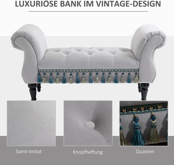 HOMCOM Čalouněná Lavice, Sametový Vzhled, Luxusní Lavice s Dřevěnými Nohami, Předsíňová Lavice pro Ložnici, Nosnost až 150 kg, Světle Šedá, 117 x 40 x