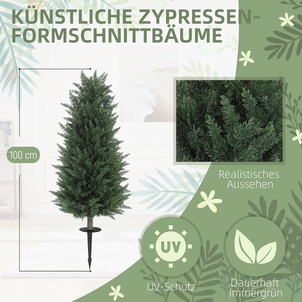 HOMCOM Umělý Cyprus 2-dílná Sada s Podporou do Země 100 cm Plastová Umělá Rostlina, Umělé Rostliny, Umělý Strom Jako Skvělá Dekorace pro Kancelář, Obý