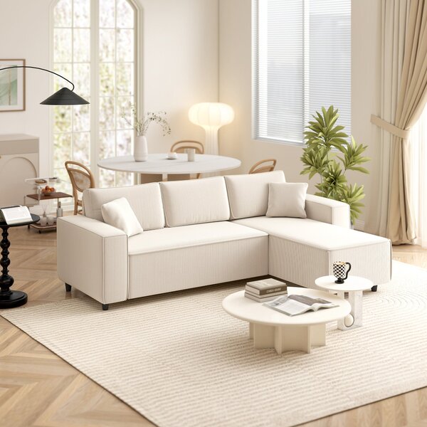 HOMCOM L-tvará pohovka pro 3 osoby s otočnou chaise longue, 2 polštáře, pružinové polstrování, rohová pohovka 241x153x83 cm Krémově bílá | Aosom