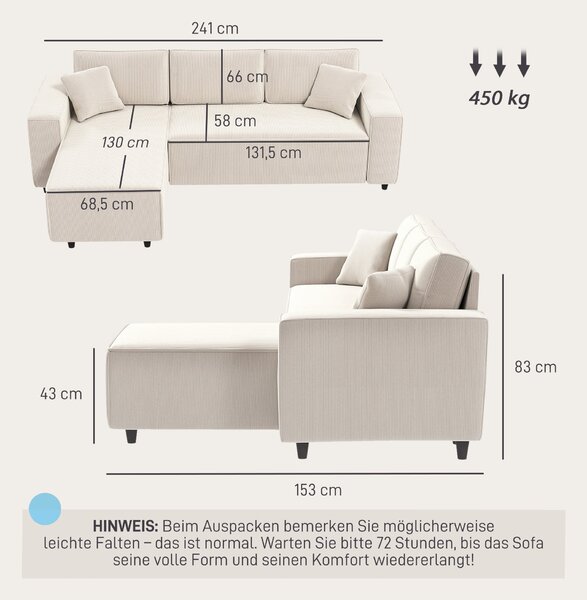 HOMCOM L-tvará pohovka pro 3 osoby s otočnou chaise longue, 2 polštáře, pružinové polstrování, rohová pohovka 241x153x83 cm Krémově bílá | Aosom
