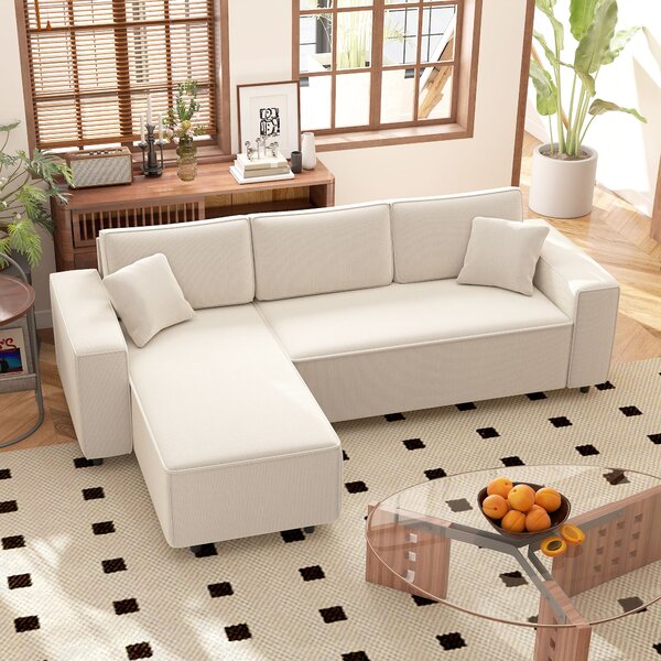 HOMCOM L-tvará pohovka pro 3 osoby s otočnou chaise longue, 2 polštáře, pružinové polstrování, rohová pohovka 241x153x83 cm Krémově bílá | Aosom