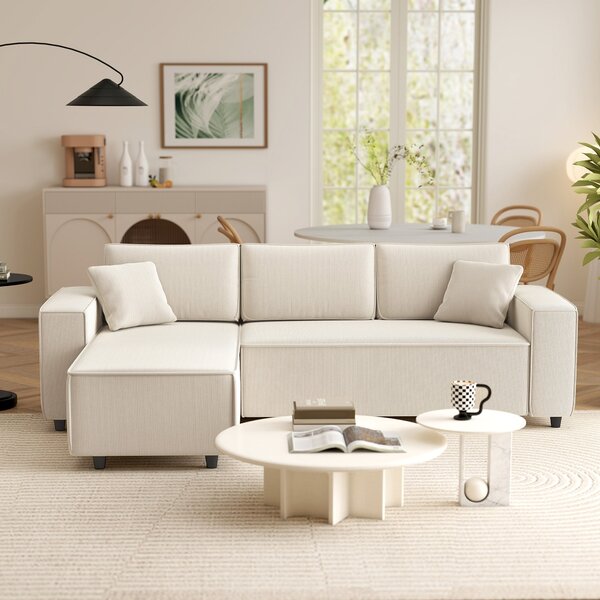 HOMCOM L-tvará pohovka pro 3 osoby s otočnou chaise longue, 2 polštáře, pružinové polstrování, rohová pohovka 241x153x83 cm Krémově bílá | Aosom