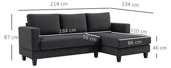 HOMCOM Rohová Pohovka s Loungem – 3 Místná Pohovka ve tvaru L, Čalouněná Rohová Pohovka s Vzhledem Manšestru, Vysokohustotní Pěna, až 400 kg, pro Obýv