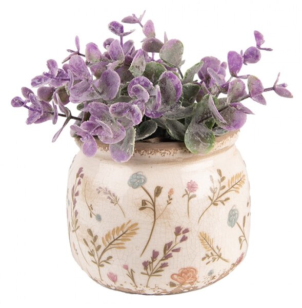 Béžový keramický obal na květináč s odřením a kresbou rostlin Floral Cartoon – 12x9 cm