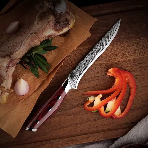 Filetovací nůž z damaškové oceli SaKuRo Red Pakka 13,9 cm