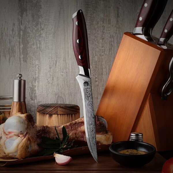 Filetovací nůž z damaškové oceli SaKuRo Red Pakka 13,9 cm