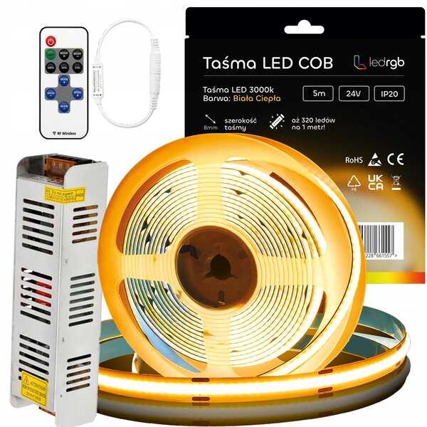 Sada LED pásku Neon COB 24V 5m 3000K teplá bílá napájecí zdroj 60W dálkový ovladač 8mm