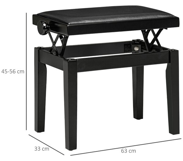 HOMCOM Klavírní stolička s nastavitelnou výškou a koženkovým sedákem, Černá, 63 x 33 x 45-56 cm | Aosom