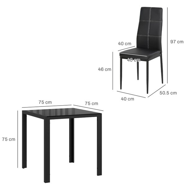 HOMCOM jídelní set - jídelní stůl se 4 židlemi, úsporná jídelní skupina, skleněná deska, umělá kůže, černý | Aosom