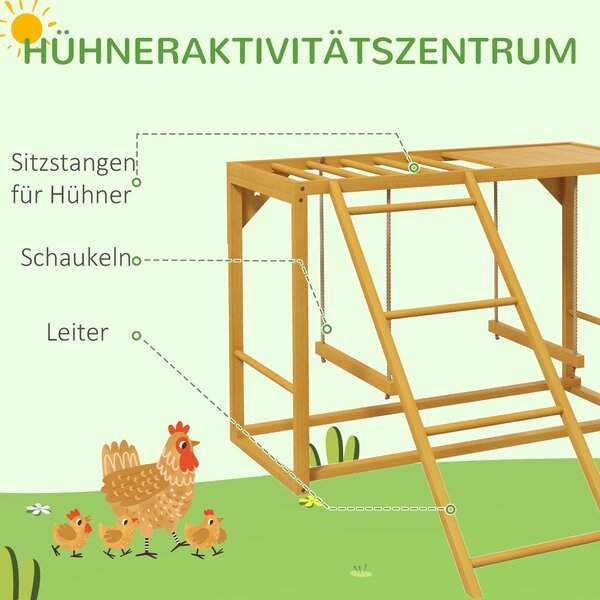 Hřiště pro slepice PawHut z dřeva, hřiště se houpačkami, žebříkem, plošinou a horolezeckým rámem pro 3-4 slepice z přírodního dřeva | Aosom
