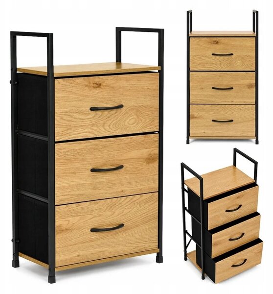 Skříňka se 3 látkovými zásuvkami, regál, organizér, textilní, loft, 40 cm