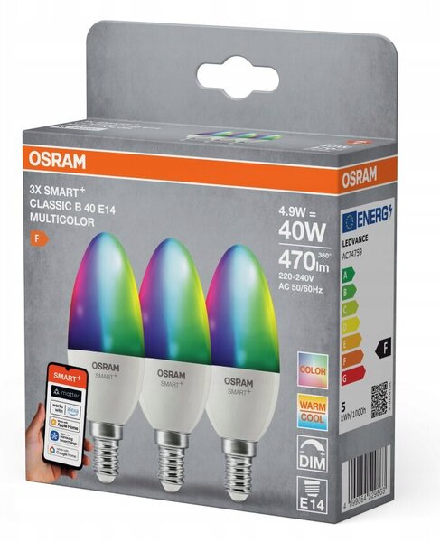 LED žárovka OSRAM SMART+ B40 RGBW E14, 3 kusy, klasický tvar svíčky