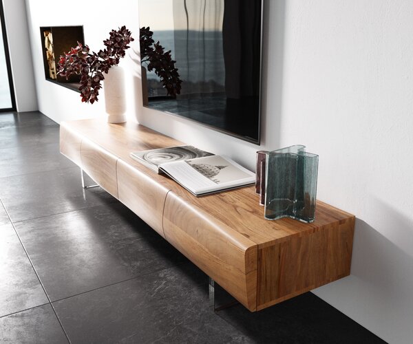 DELIFE TV stolek New Live-Edge 200 cm akácie přírodní 4 dvířka akrylová podnož